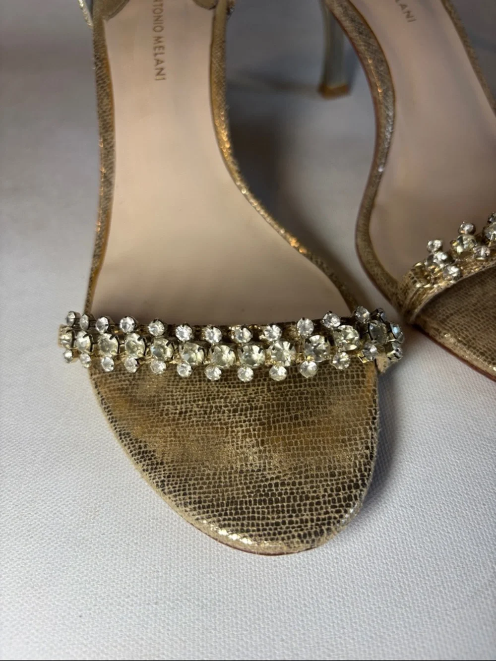 ANTONIO MELANI Gold Rhinestone Ankle-Strap Heels, size 7.5
